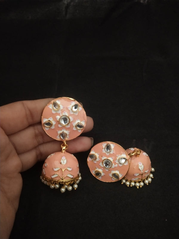 Women's Premium Quality Peech Pink Meenakari Pearl Kundan Jhumka Earrings Set - EVY