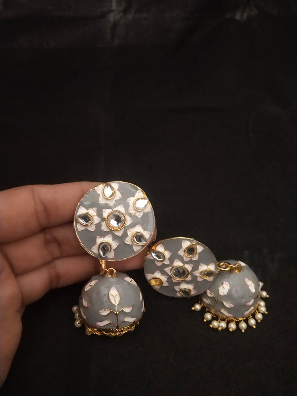 Women's Premium Quality Grey Pink Meenakari Pearl Kundan Jhumka Earrings Set - EVY