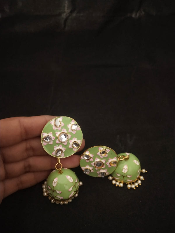 Women's Premium Quality Green Pink Meenakari Pearl Kundan Jhumka Earrings Set - EVY