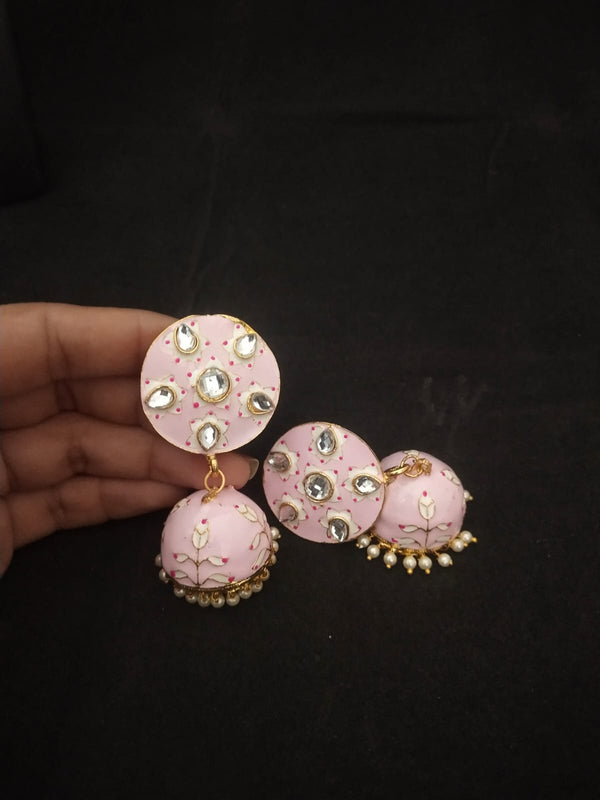 Women's Premium Quality Magenta Pink Meenakari Pearl Kundan Jhumka Earrings Set - EVY