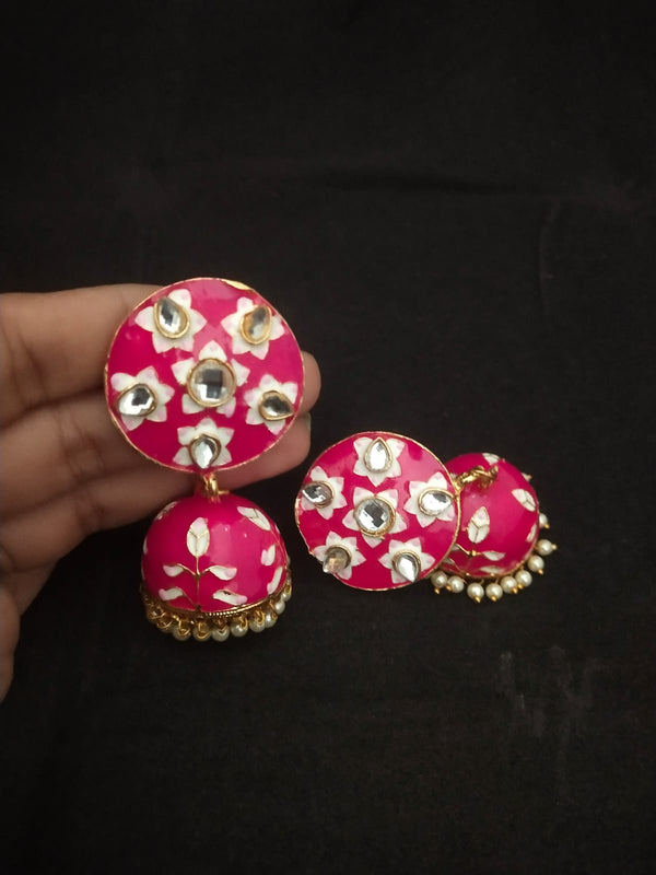 Women's Premium Quality Raani Pink Meenakari Pearl Kundan Jhumka Earrings Set - EVY