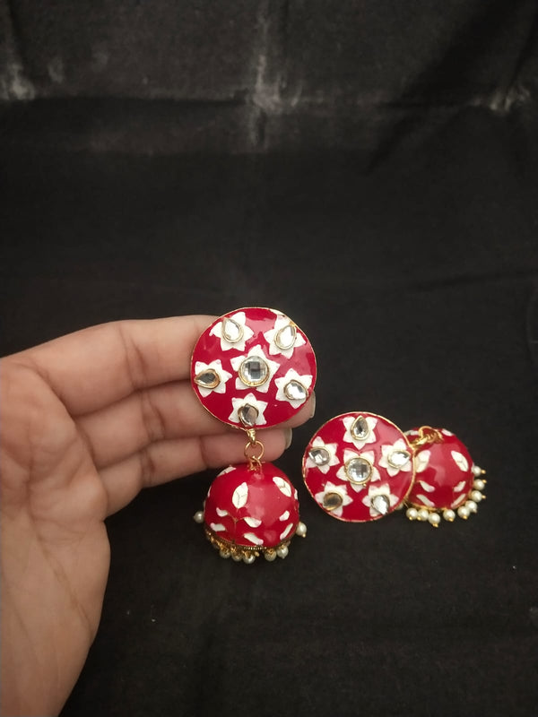 Women's Premium Quality Red Pink Meenakari Pearl Kundan Jhumka Earrings Set - EVY