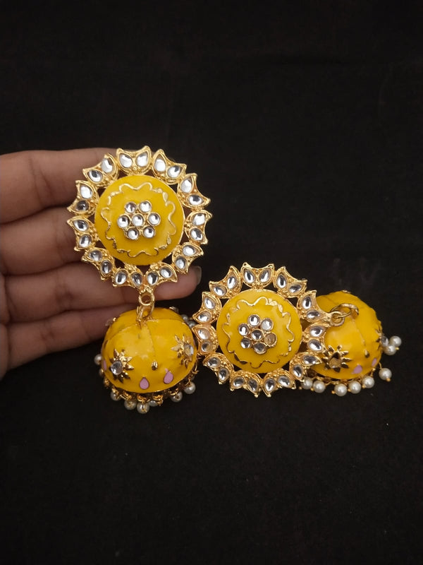 Women's Yellow Pink Meenakari Kundan Pearl Big Jhumka Jhumki Earrings Set - EVY