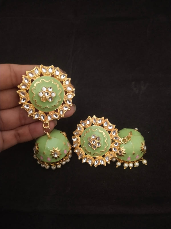 Women's Green Pink Meenakari Kundan Pearl Big Jhumka Jhumki Earrings Set - EVY