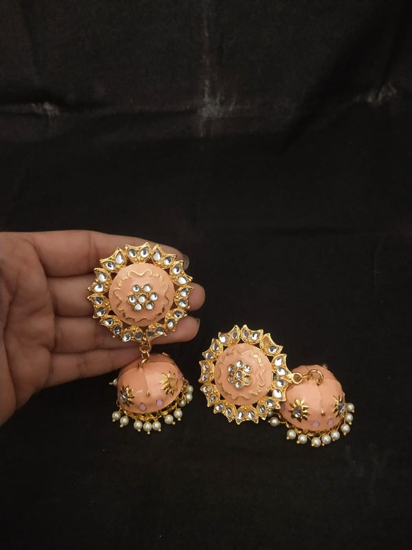 Women's Peech Pink Meenakari Kundan Pearl Big Jhumka Jhumki Earrings Set - EVY