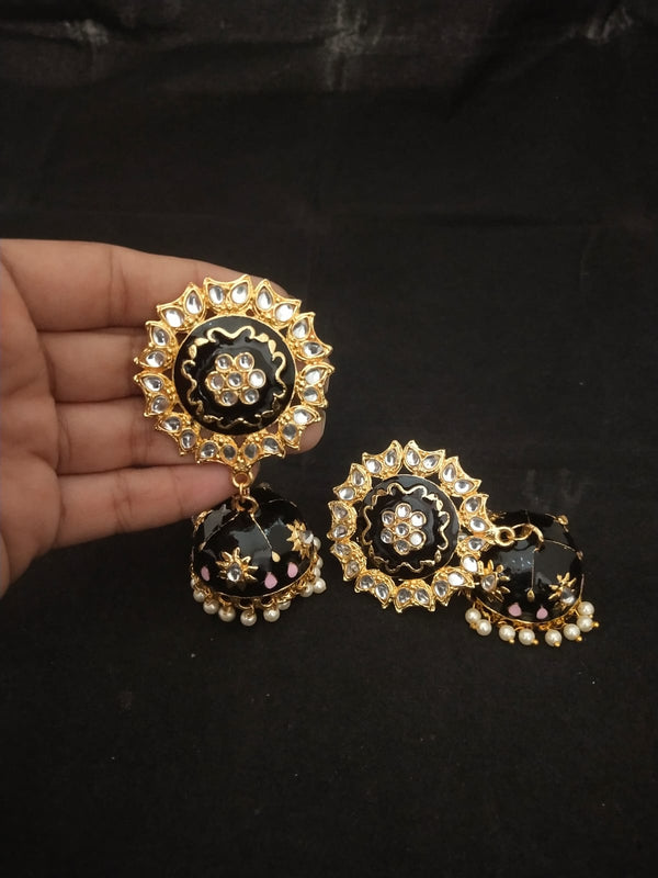 Women's Black Pink Meenakari Kundan Pearl Big Jhumka Jhumki Earrings Set - EVY