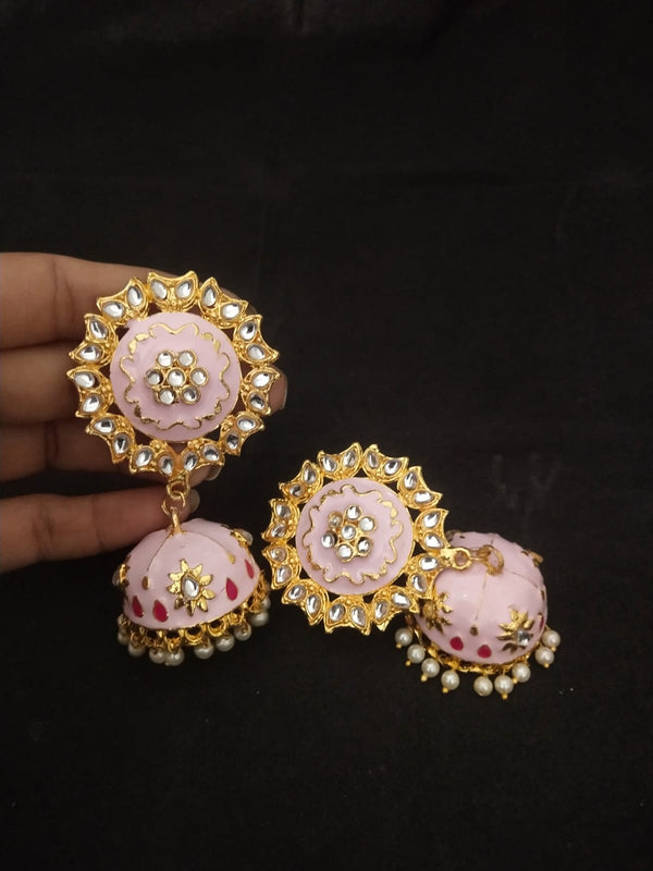 Women's Magenta Pink Meenakari Kundan Pearl Big Jhumka Jhumki Earrings Set - EVY