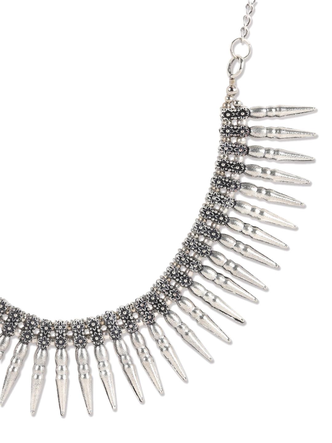 Women's Silver-Plated Spiked Oxidised Tribal Necklace - Jazz and Sizzle - Indiakreations