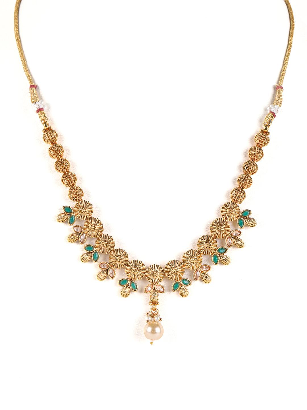 Women's Gold-Plated & Green Stone Studded Handcrafted Jewellery Set - Jazz and Sizzle - Indiakreations