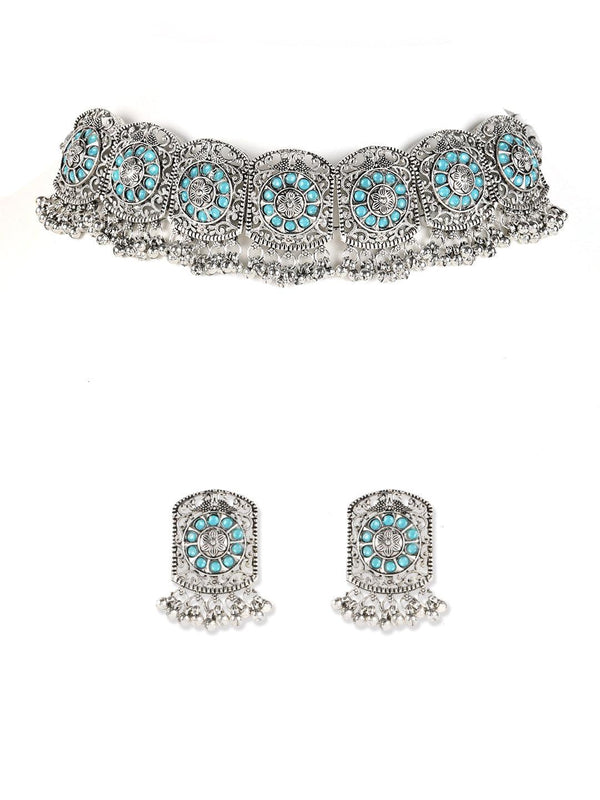 Women's Blue Stones Studded Silver Plated Chokers Set - Jazz and Sizzle - Indiakreations