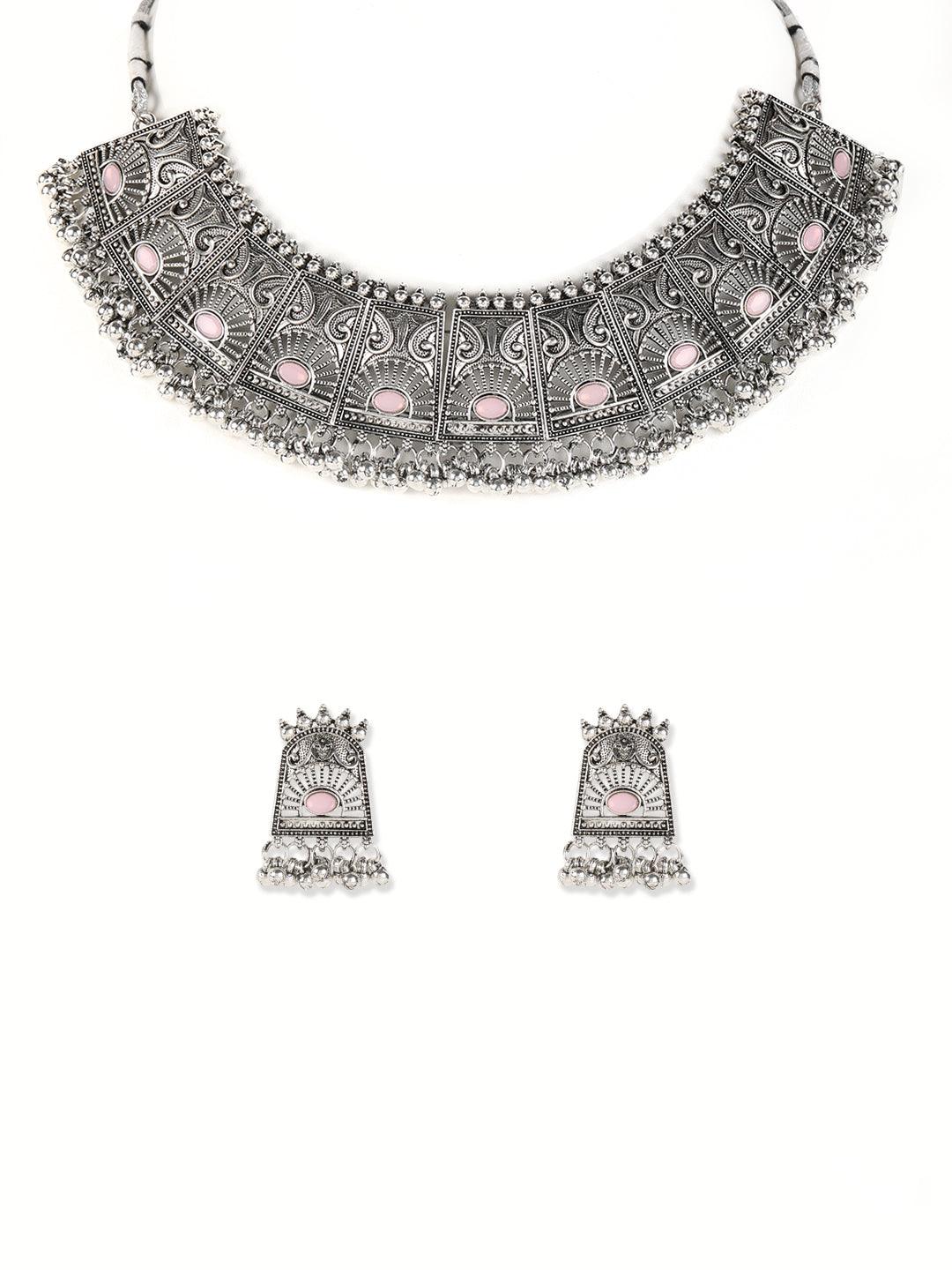 Women's Pink Stones Studded OxidisedSilver Plated Jewellery Set - Jazz and Sizzle - Indiakreations