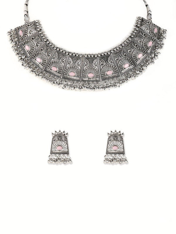 Women's Pink Stones Studded OxidisedSilver Plated Jewellery Set - Jazz and Sizzle