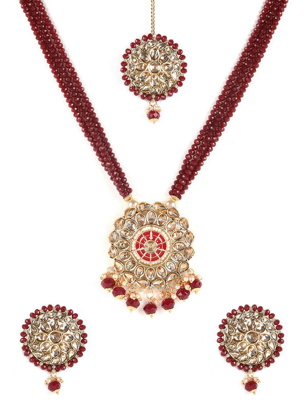 Women's Gold-Plated & Kundan Studded Mahroon Beaded Multi-Strand Jewellery Set with Maangtika - Jazz and Sizzle - Indiakreations