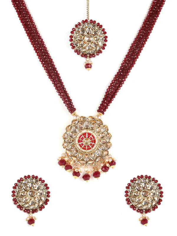 Women's Gold-Plated & Kundan Studded Mahroon Beaded Multi-Strand Jewellery Set with Maangtika - Jazz and Sizzle