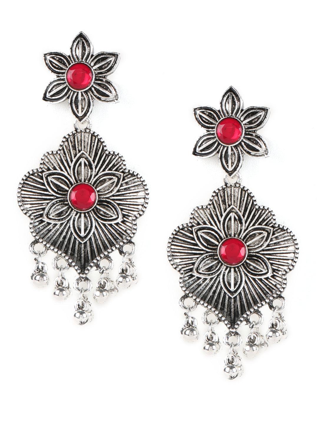 Women's Ruby Stones Studded OxidisedSilver Plated Jewellery Set - Jazz and Sizzle - Indiakreations