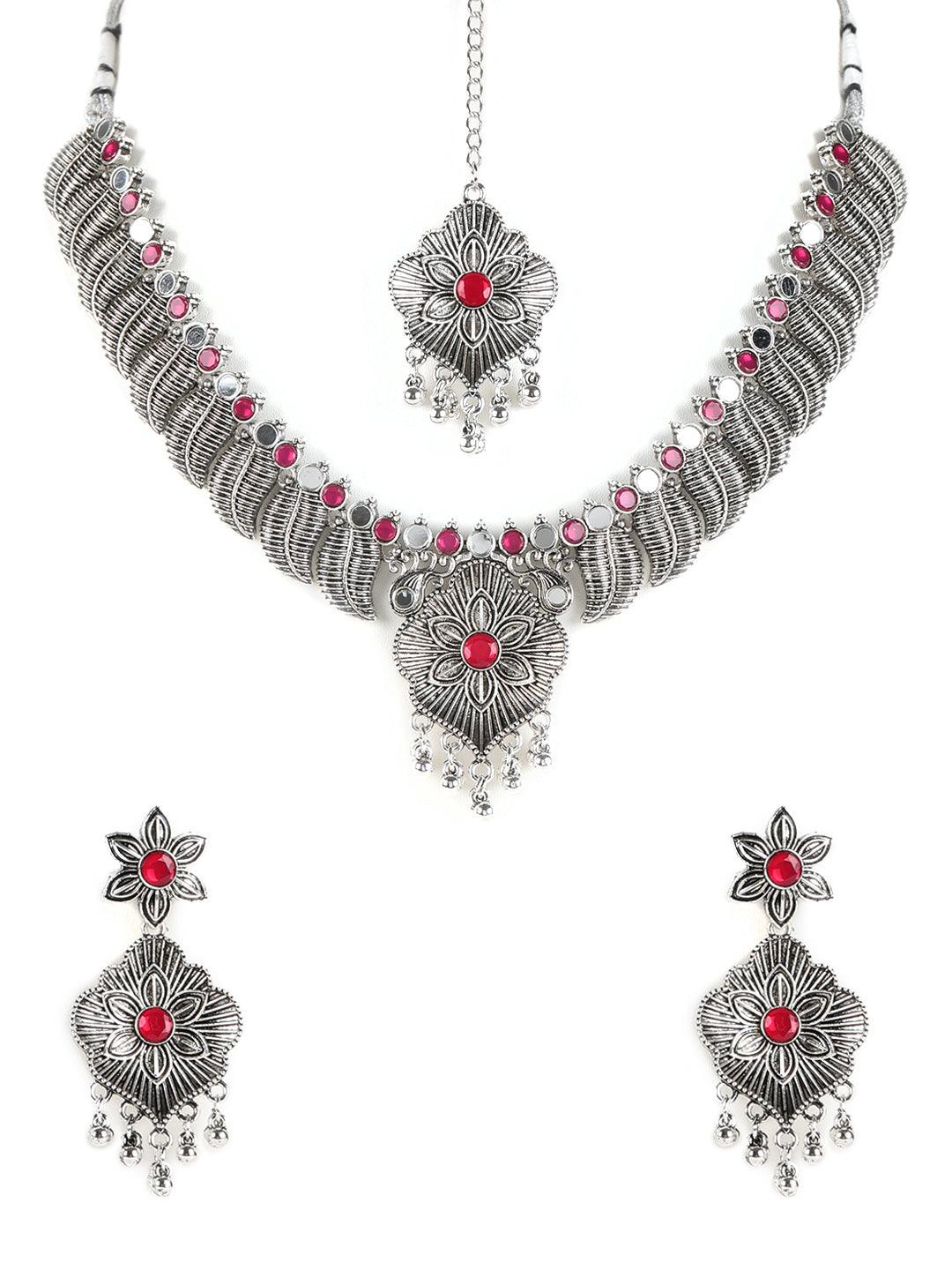 Women's Ruby Stones Studded OxidisedSilver Plated Jewellery Set - Jazz and Sizzle - Indiakreations