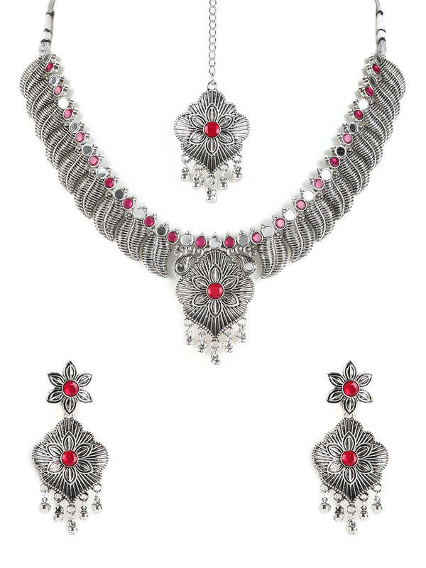 Women's Ruby Stones Studded OxidisedSilver Plated Jewellery Set - Jazz and Sizzle - Indiakreations