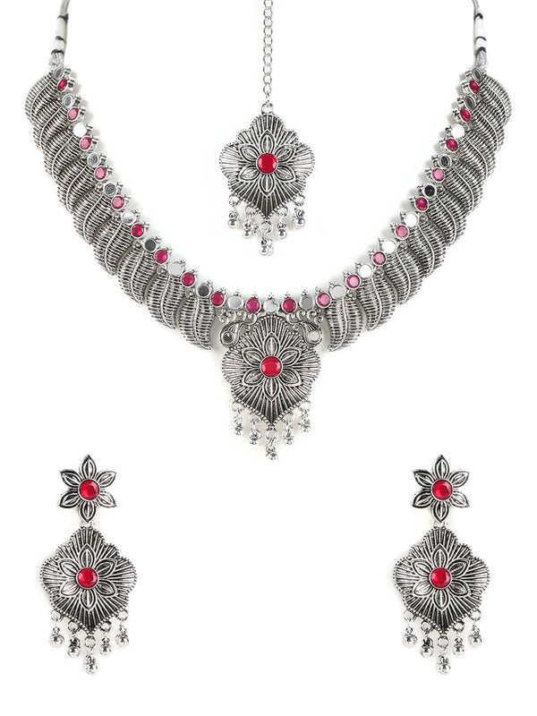 Women's Ruby Stones Studded OxidisedSilver Plated Jewellery Set - Jazz and Sizzle