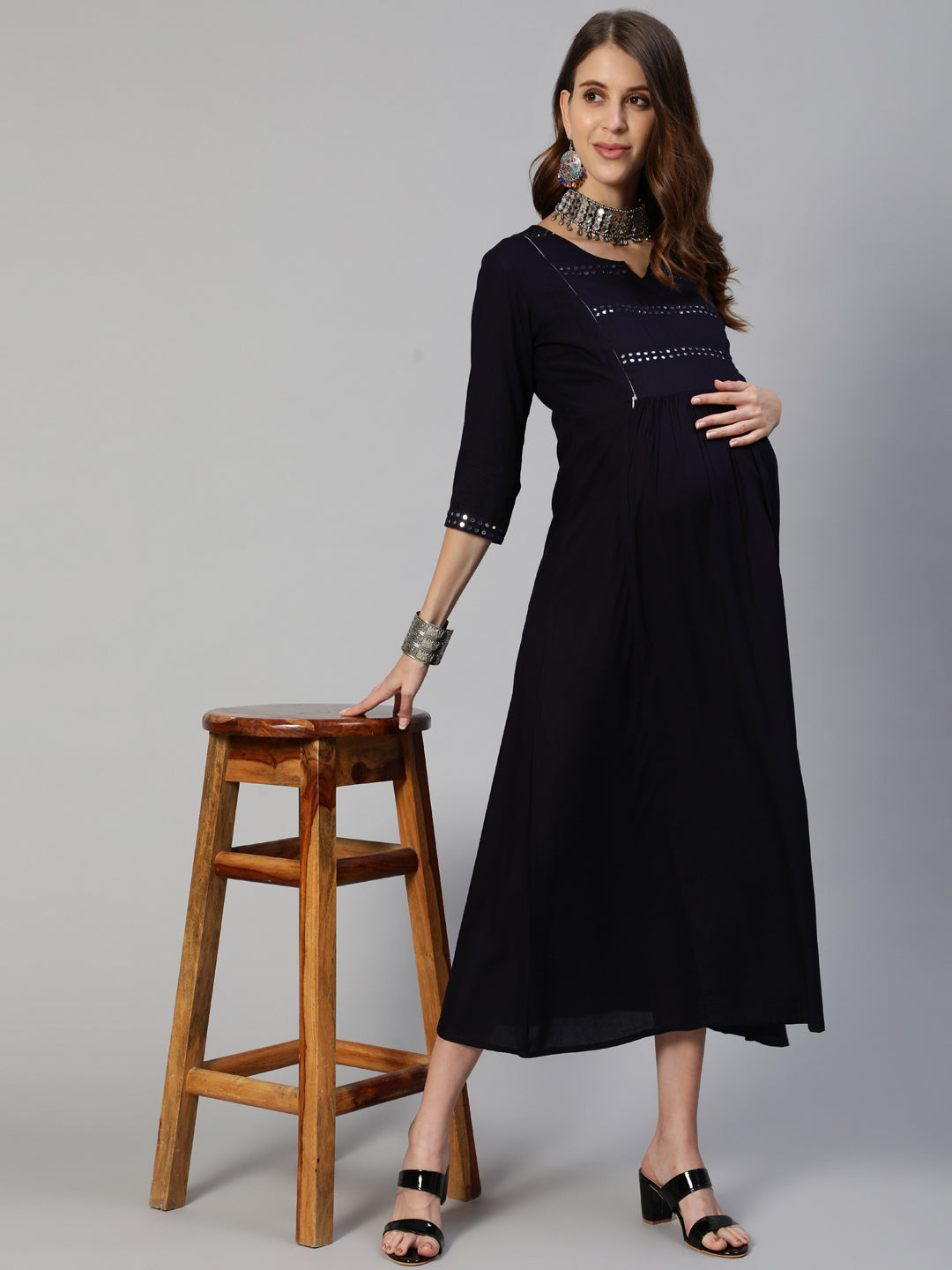 Women's Navy Blue Maternity Midi Dress - Anubhutee