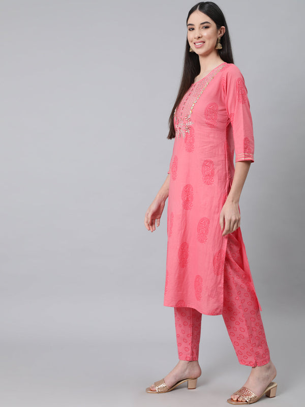 Women's Pink Ethnic Motifs Printed Gotta Patti Pure Cotton Kurta with Trousers  With Dupatta - Anubhutee