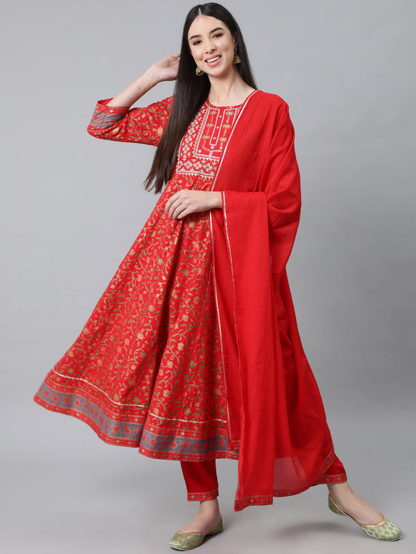 Women's Red Ethnic Motifs Printed Empire Kurta with Trousers  With Dupatta - Anubhutee