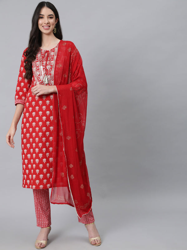 Women's Red Printed Pure Cotton Kurta with Trousers  With Dupatta - Anubhutee