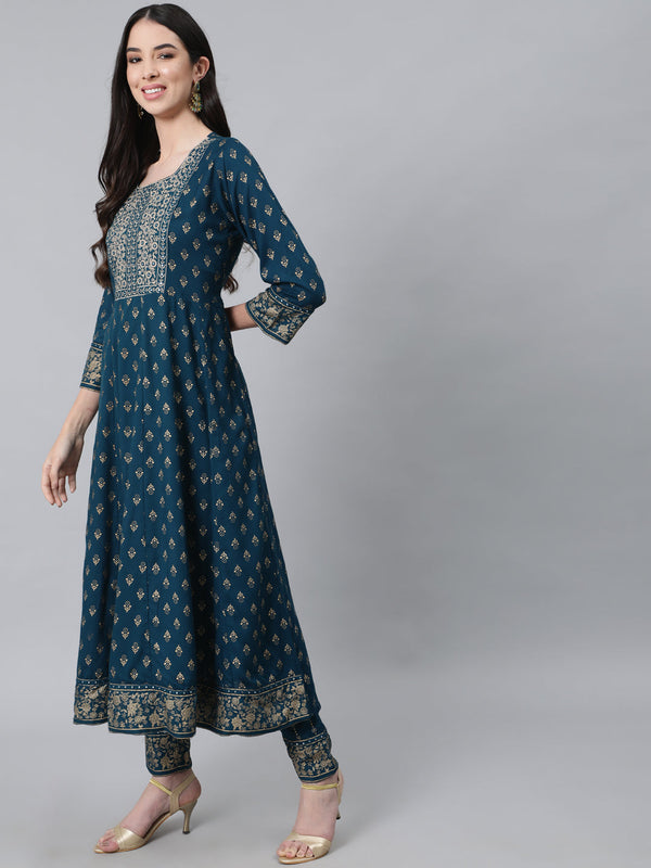 Women's Navy Blue Ethnic Motifs Embroidered Thread Work Kurta with Trousers  With Dupatta - Anubhutee