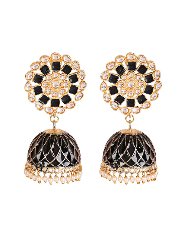 Women's Black Gold-Plated Hand Painted Beaded Dome Shaped Jhumkas - Jazz and Sizzle