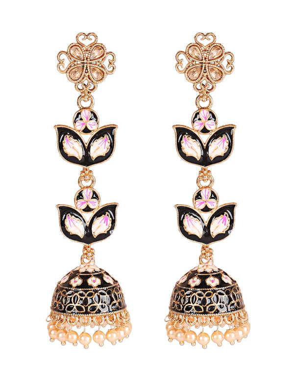 Women's Black & Pink Meenakari Enamel Dome shaped Long Jhumka Earrings - Jazz and Sizzle