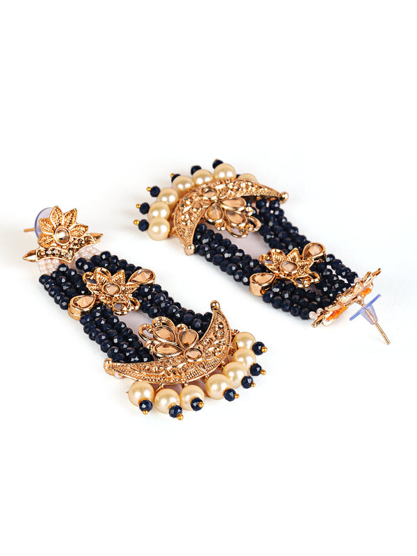 Women's Black & Gold-Plated Handcrafted Kundan Pearl Studded Multistrand Earrings - Jazz and Sizzle