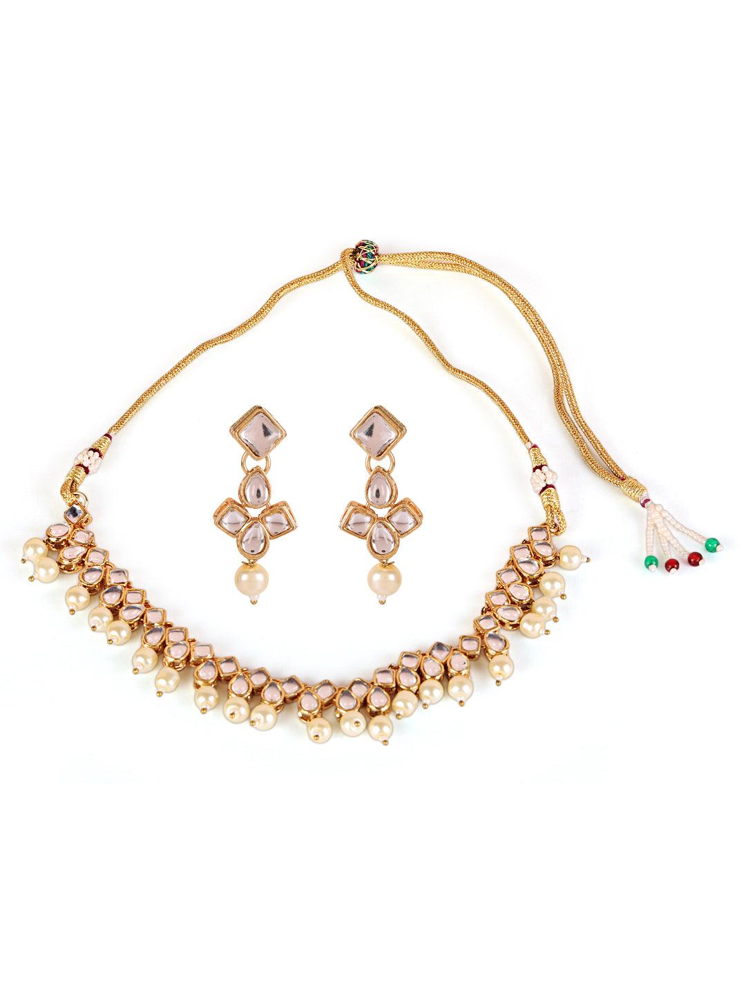 Women's Gold-Toned & White Contemporary Kundan Studded & Pearl Beaded Jewellery Set - Jazz and Sizzle - Indiakreations