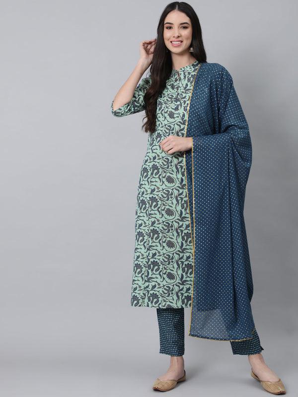 Women's  Green Floral Printed Pure Cotton Kurta with Trousers  With Dupatta - Anubhutee