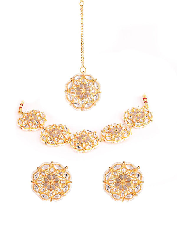 Women's Gold-Plated Kundan Chokers Necklace Earring & Maangtika Set - Jazz and Sizzle - Indiakreations