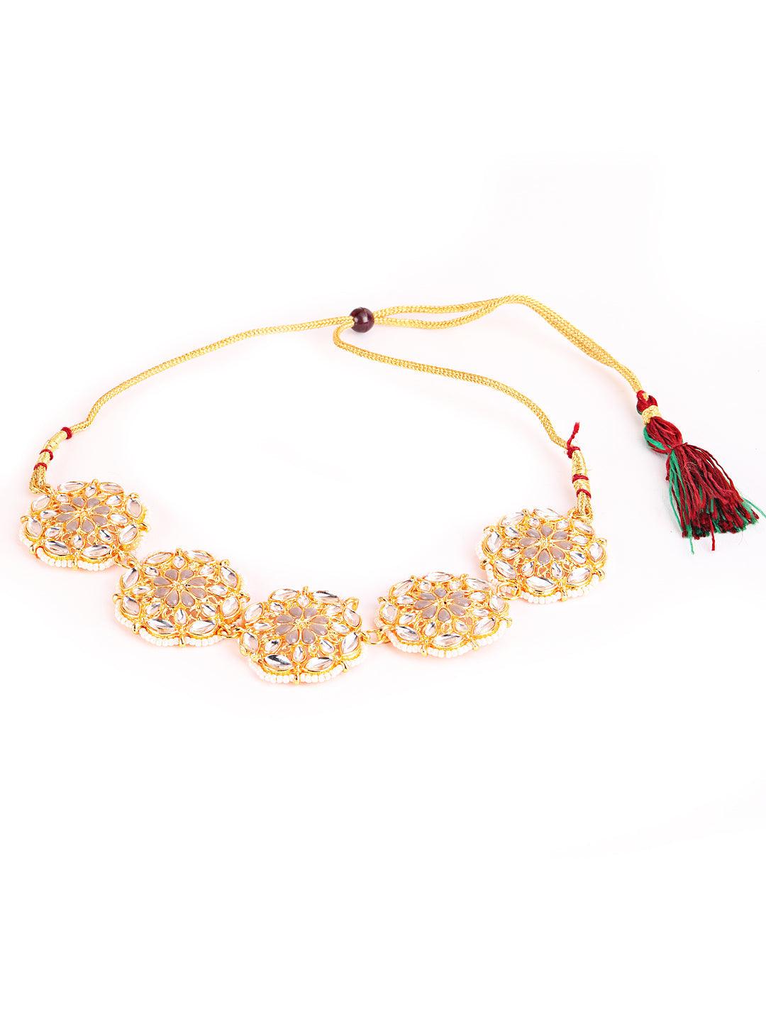 Women's Gold-Plated Kundan Chokers Necklace Earring & Maangtika Set - Jazz and Sizzle - Indiakreations