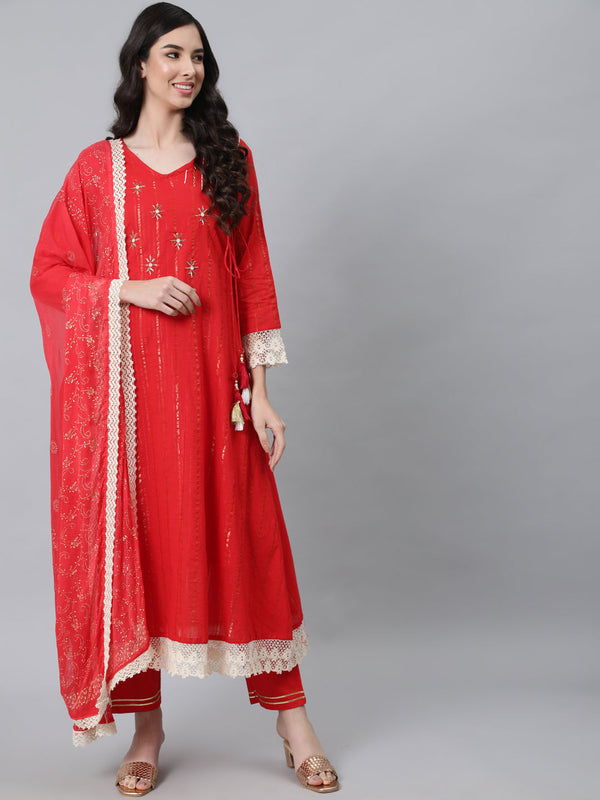 Women's Red Ethnic Motifs Yoke Design Layered Beads and Stones Pure Cotton Kurta, Dupatta with Trousers - Anubhutee