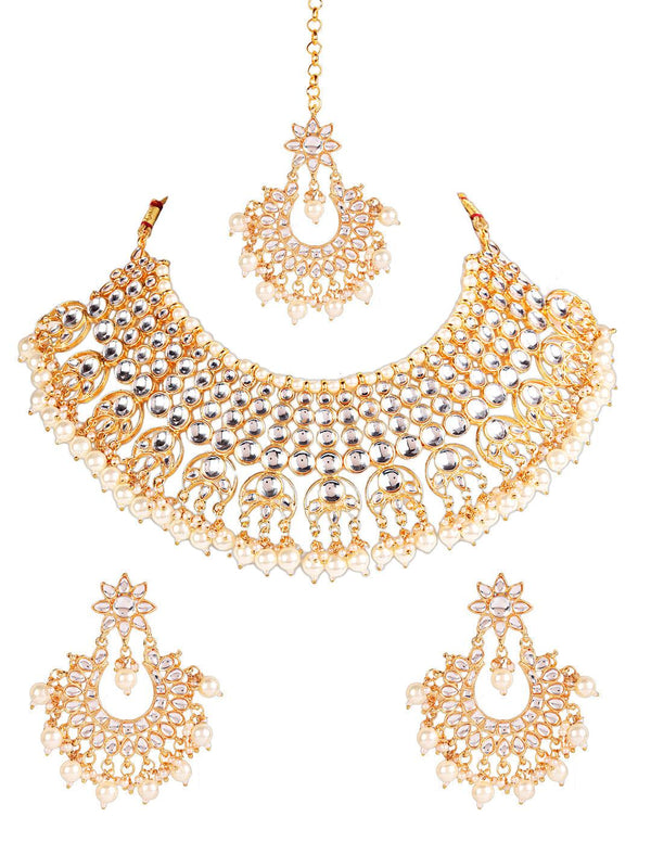 Women's Off-White Gold-Plated Kundan Studded & Beaded Handcrafted Jewellery Set - Jazz and Sizzle - Indiakreations