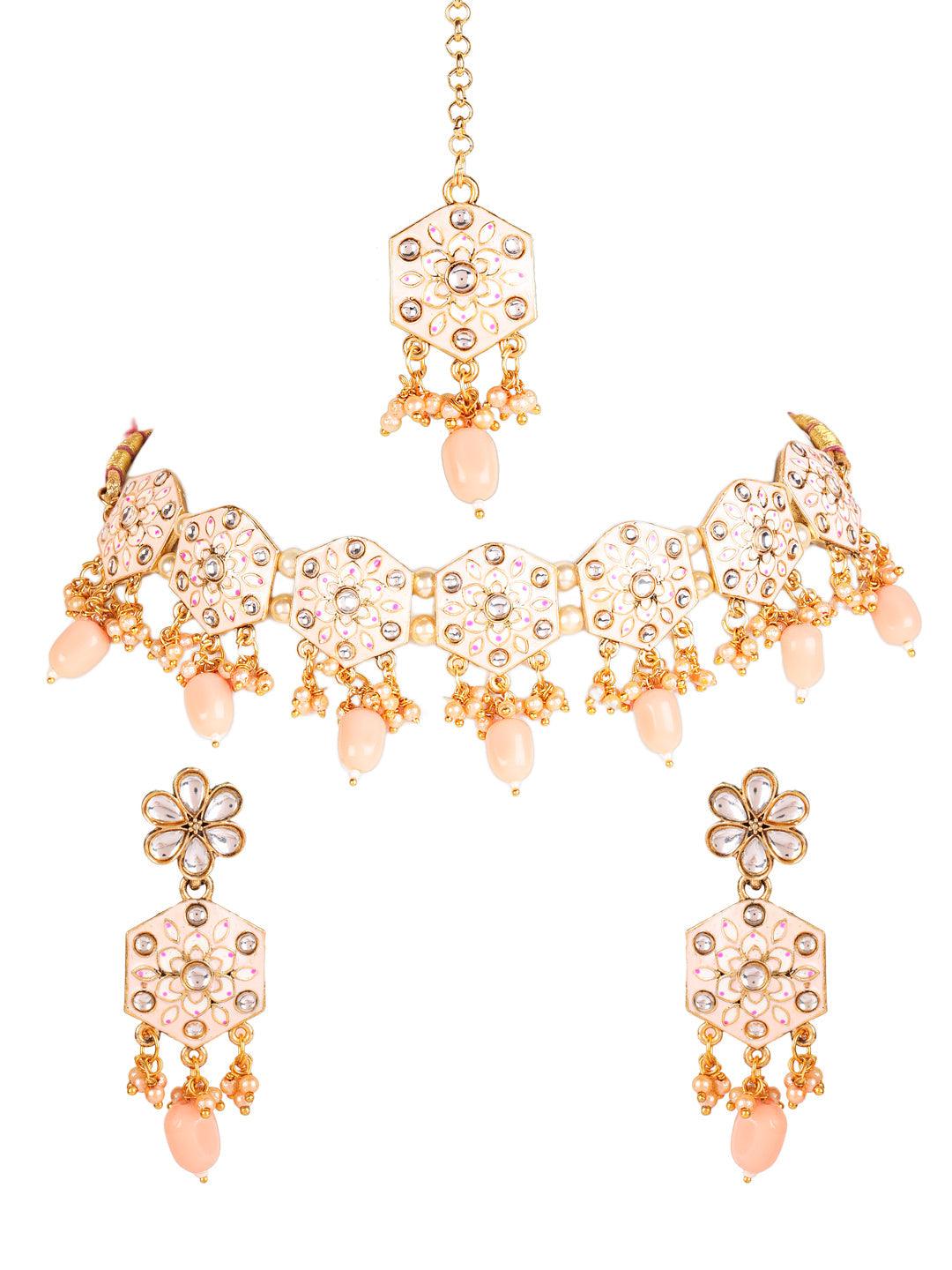 Women's Gold-Plated Peach & Pink Meenakari Jewellery Set with Maangtika - Jazz and Sizzle - Indiakreations