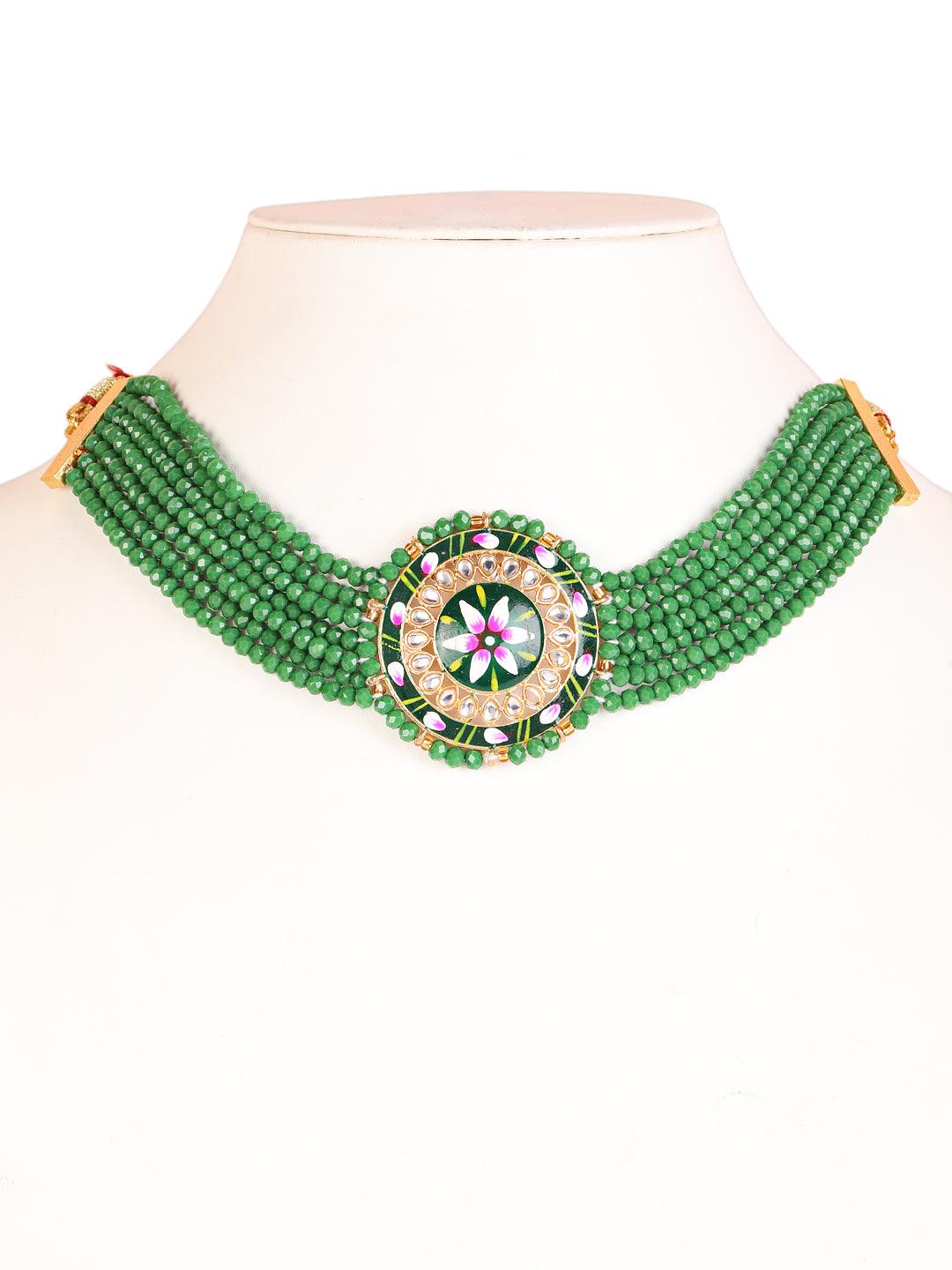 Women's Women Green & Pink Kundan-Studded & Beaded Handcrafted Meenakari Jewellery Set - Jazz and Sizzle - Indiakreations