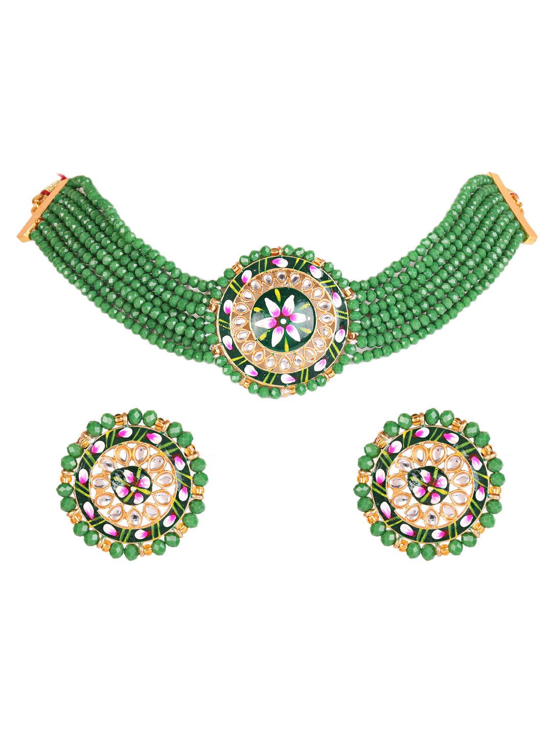 Women's Women Green & Pink Kundan-Studded & Beaded Handcrafted Meenakari Jewellery Set - Jazz and Sizzle - Indiakreations