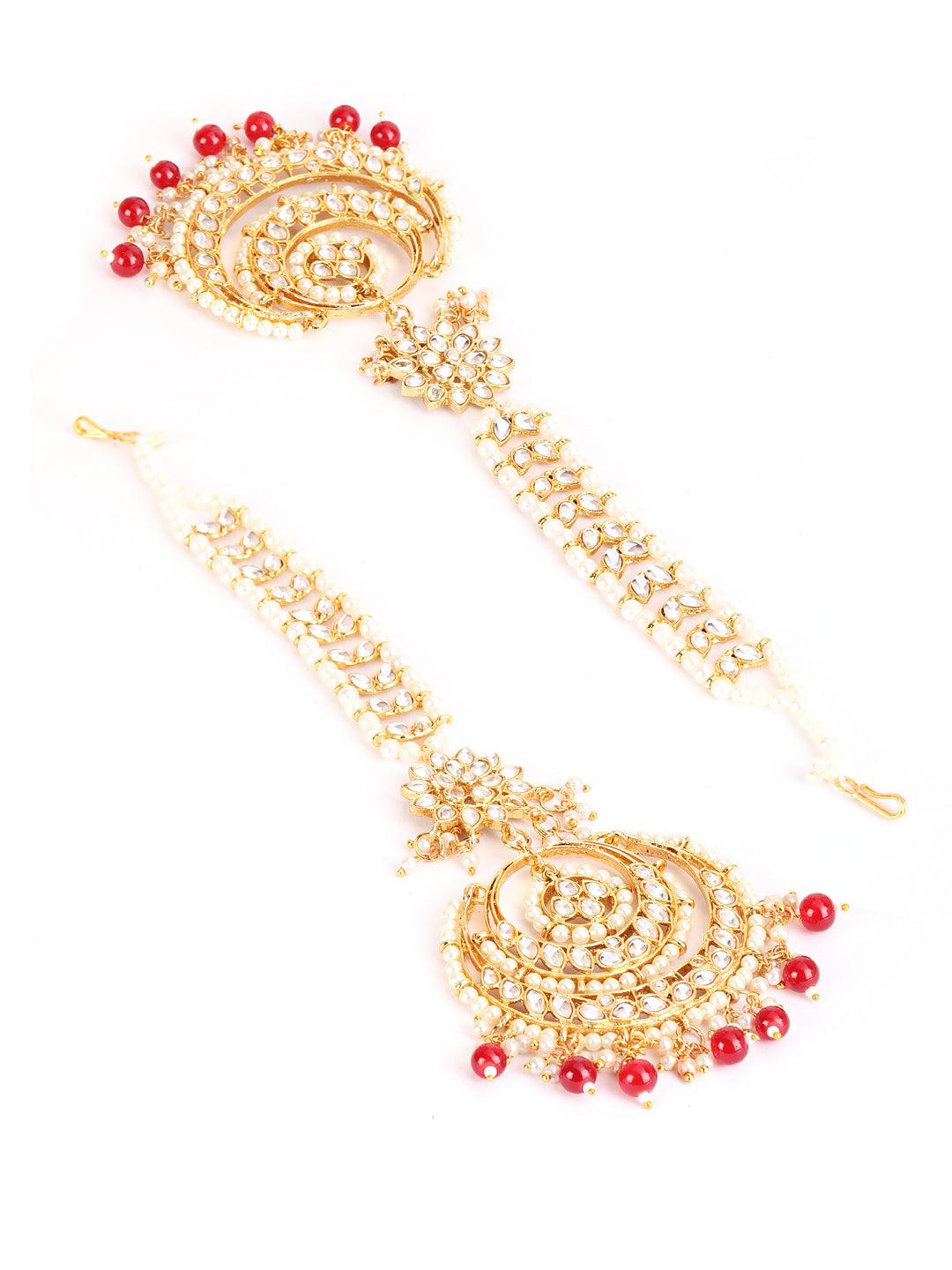 Women's Gold-Toned Mahroon & White Kundan stone studded & Pearls Traditional Maangtikka - Jazz and Sizzle - Indiakreations