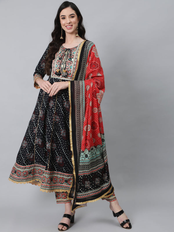 Women Black Printed Cotton Kurta with Palazzos & Dupatta by Anubhutee (3 Pc Set)