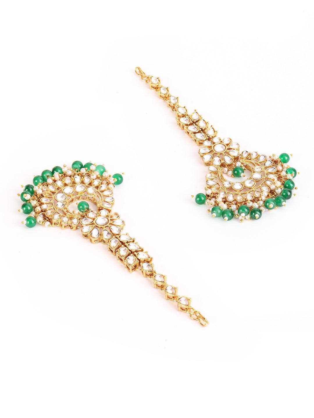 Women's Gold-Toned Green & White Kundan stone studded & Pearls Traditional Maangtikka - Jazz and Sizzle - Indiakreations