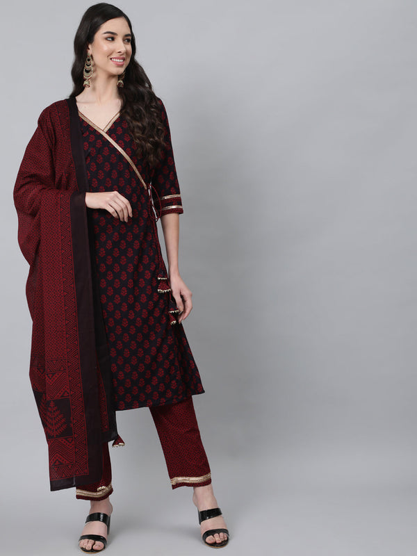 Women's Maroon Ethnic Motifs Printed Angrakha Gotta Patti Pure Cotton Kurta with Trousers - Anubhutee