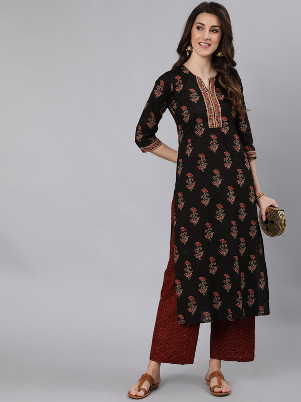 Women Black Ethnic Printed Straight Kurta With One Side Pocket | NOZ2TOZ - Made In INDIA.