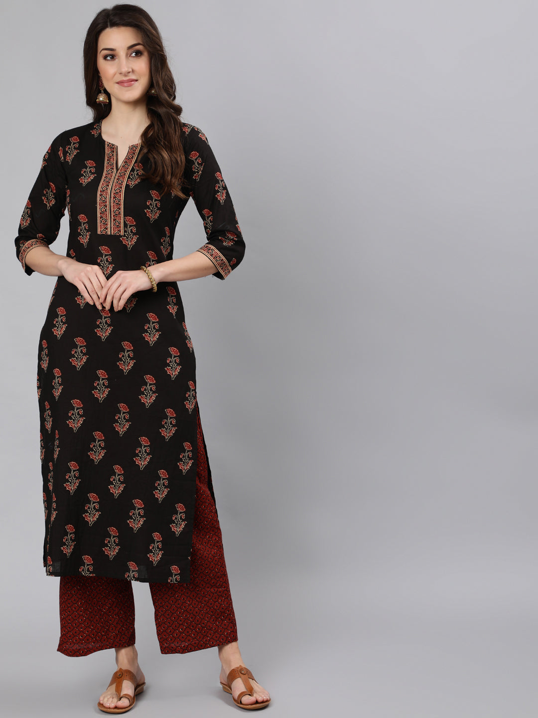 Women Black Ethnic Printed Straight Kurta With One Side Pocket | NOZ2TOZ - Made In INDIA.