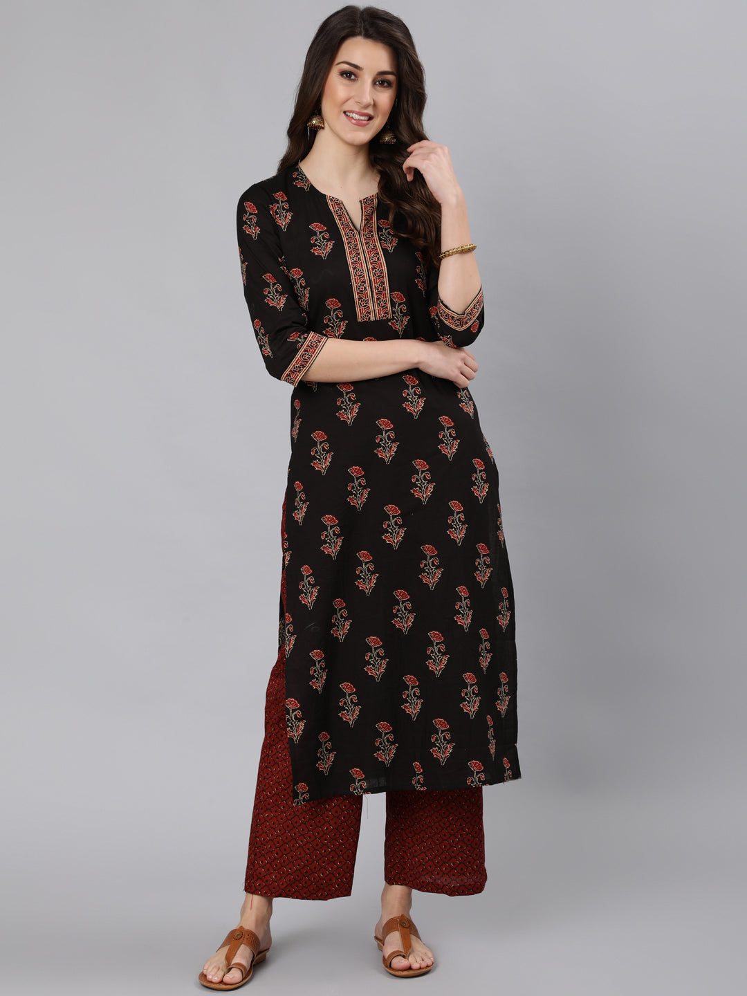 Women Black Ethnic Printed Straight Kurta With One Side Pocket | NOZ2TOZ - Made In INDIA.