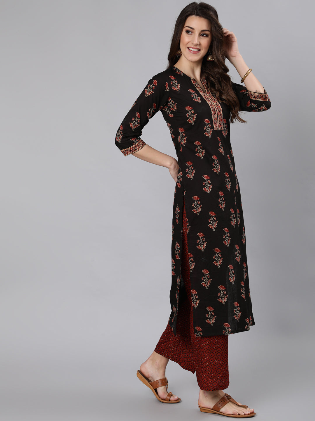 Women Black Ethnic Printed Straight Kurta With One Side Pocket | NOZ2TOZ - Made In INDIA.