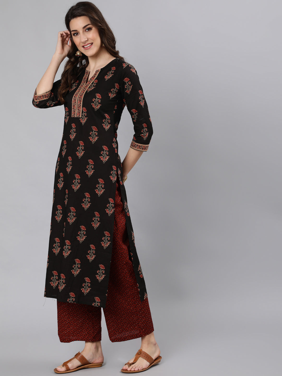 Women Black Ethnic Printed Straight Kurta With One Side Pocket | NOZ2TOZ - Made In INDIA.