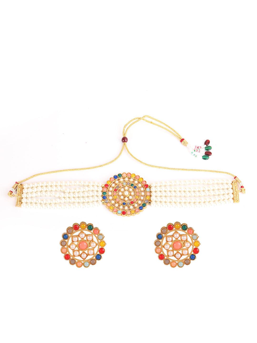 Women's Gold-Plated White & Green Pearl-Studded Chokers Jewellery Set - Jazz and Sizzle - Indiakreations