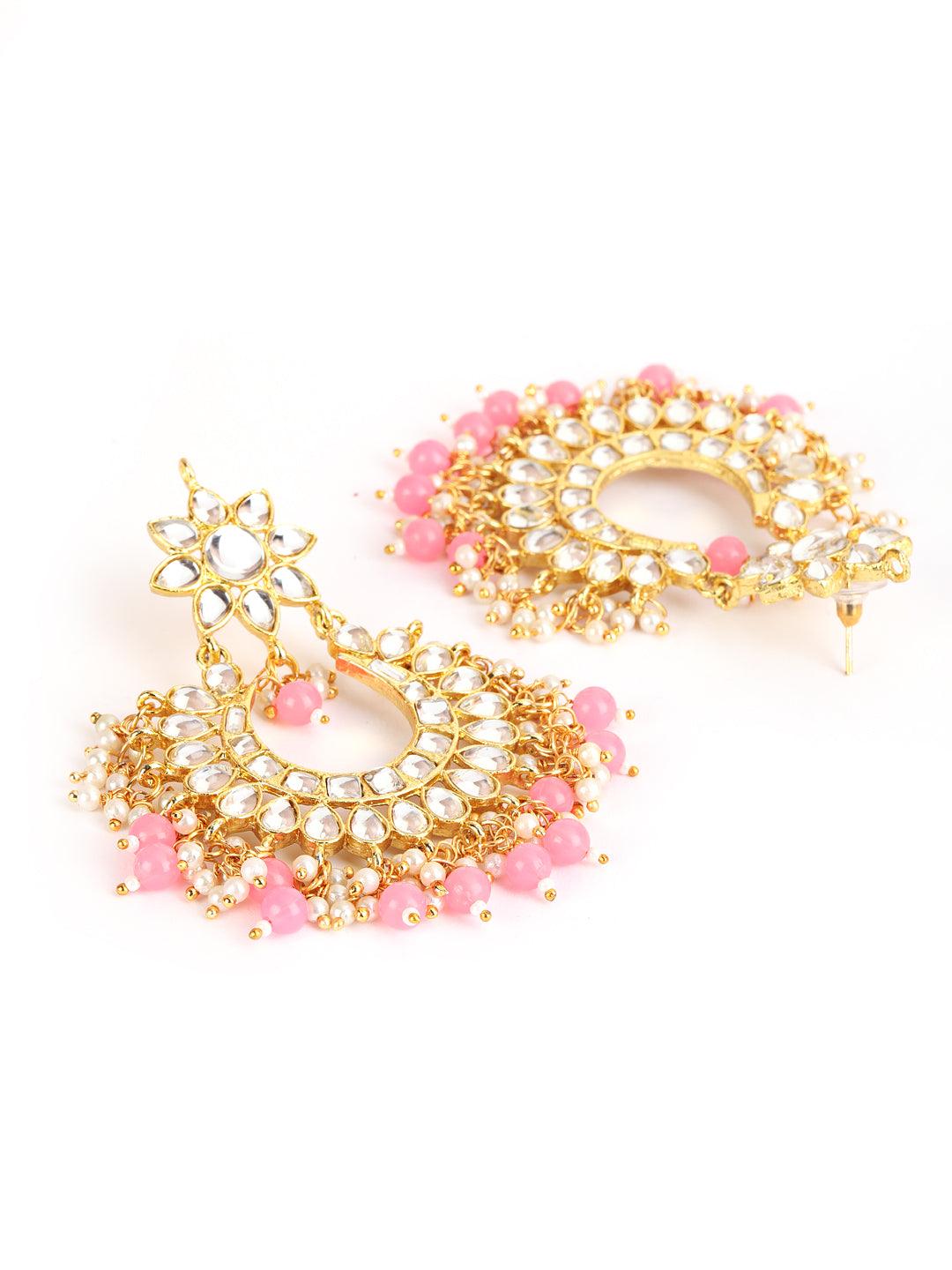 Women's Gold-Toned white Kundan studded & Pink Pearls Maangtikka & Earring Set - Jazz and Sizzle - Indiakreations